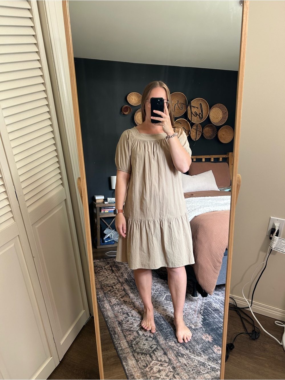 Casual Sand Short Sleeve Ruffle-Hem Dress